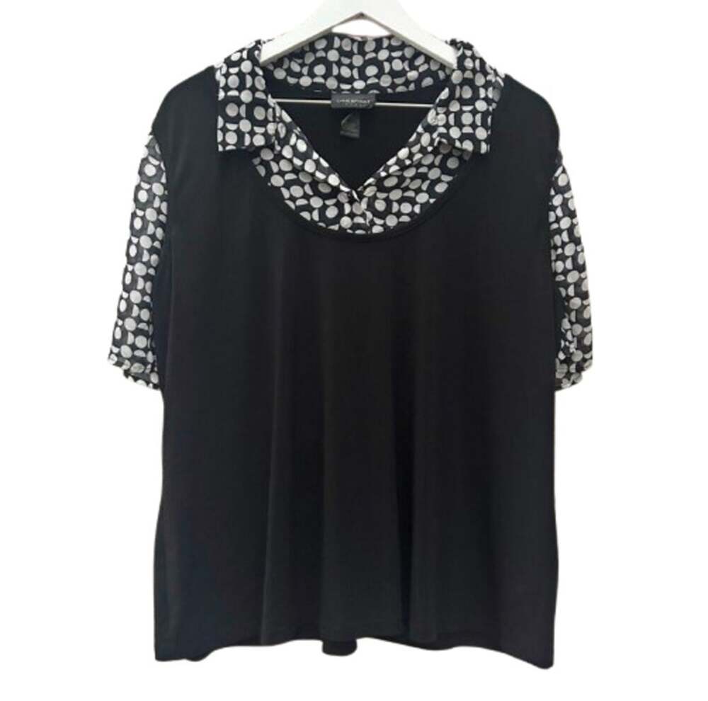 LANE BRYANT Black Polka Dot Collar Sleeve V-Neck Top Blouse Womens Size 18 20